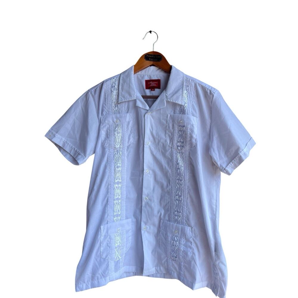 Maximos Men White Guayabera Shirt Embroidered Floral Poly Blend 4 Pocket Size 20